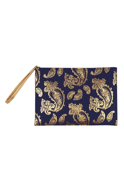 S28-7-2-MP0126NV - GOLD FOIL PAISLEY POUCH NAVY/6PCS