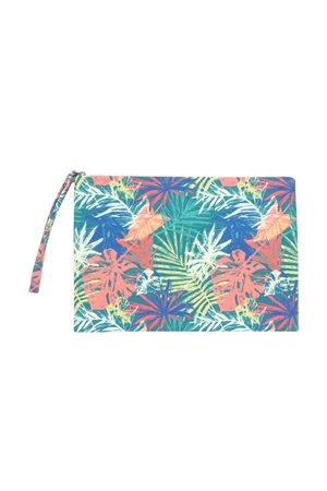 S18-9-3-MP0136GN/CO-1 - HAND DRAWN TROPICAL LEAVES POUCH GREEN/CORAL/1PC