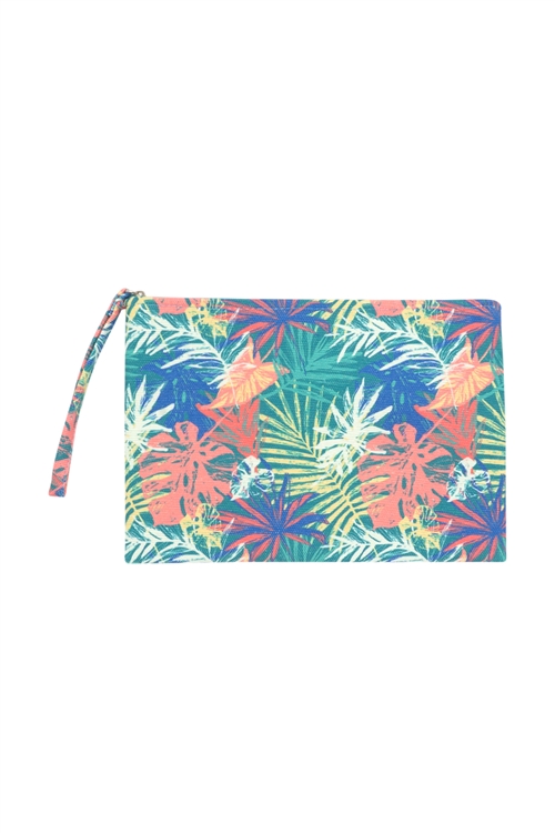 S18-9-3-MP0136GN/CO - HAND DRAWN TROPICAL LEAVES POUCH GREEN/CORAL/6PCS