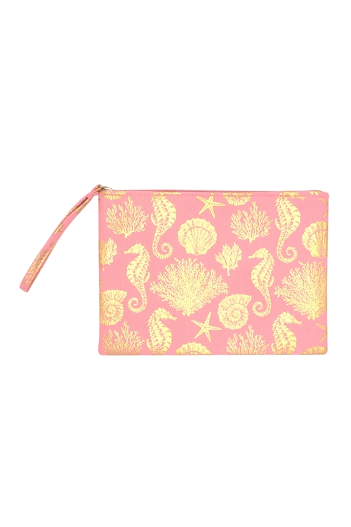 S26-4-5-MP0137PK - GOLD FOIL SEA LIFE POUCH - PINK/6PCS