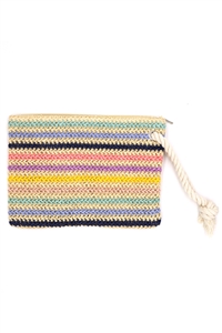 S30-1-1-MP0205 - ROPE HANDLE MULTI COLOR STRIPED STRAW CROCHET POUCH WITH ZIPPER CLOSURE & INNER POCKET-BLUE/6PCS