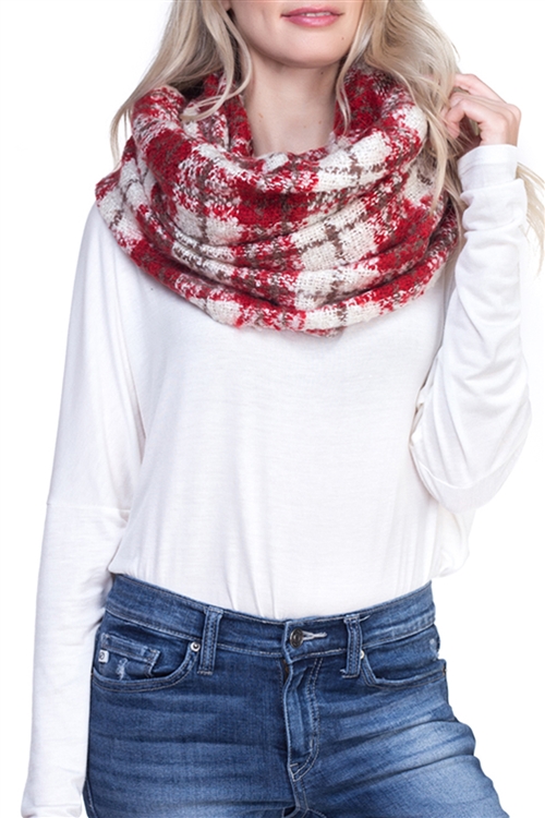 S28-7-2-MS0018RD - COLOR BLOCK PLAID INFINITY SCARF- RED /6PCS