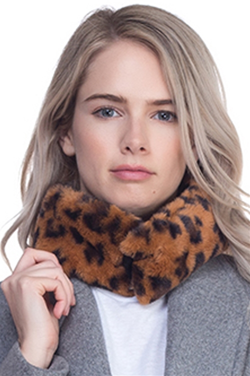 S17-1-4-MS0022BR - INFINITY LEOPARD FUR NECK WARMER W/MAGNETIC CLO  SCARF - BROWN/6PCS