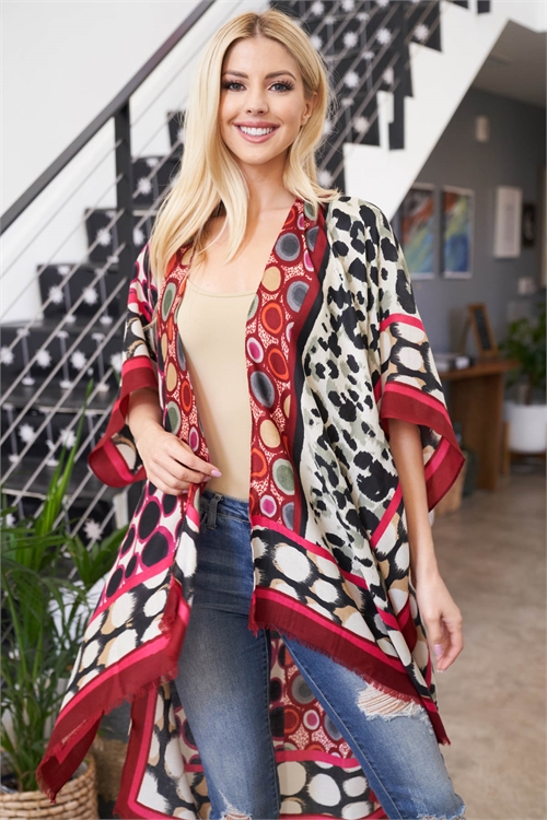 S21-4-4-MS0093BU - LEOPARD MOSAIC MIXED KIMONO BURGUNDY /6PCS