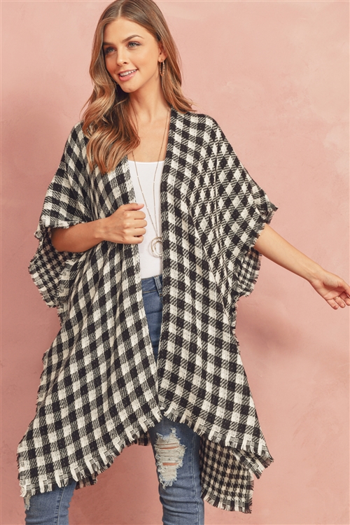 S21-9-6-MS0128BK - KNEE LENGTH REVERSIBLE PLAID KIMONO - BLACK/6PCS (NOW $7.75 ONLY!)