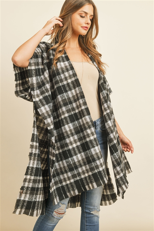 S21-9-4-MS0129BK -KNEE LENGTH TARTAN PLAID KIMONO-BLACK/6PCS (NOW $8.75 ONLY!)