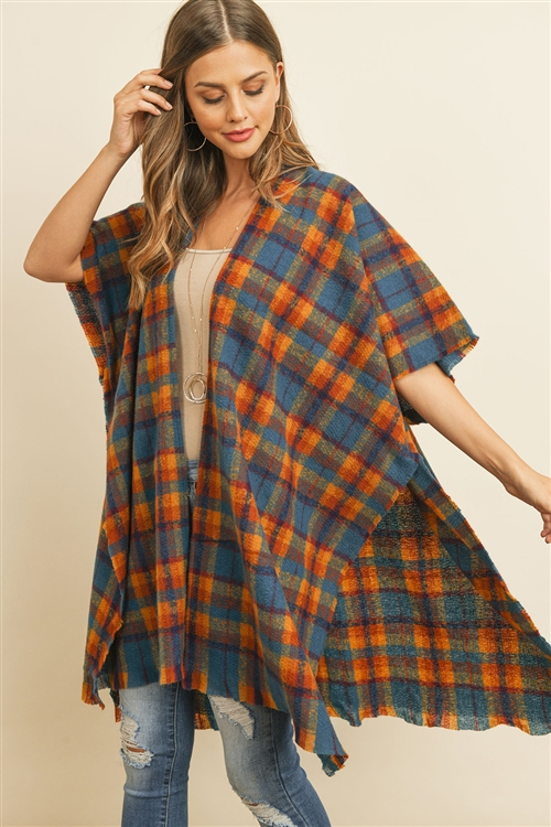 S21-9-4-MS0129NV -KNEE LENGTH TARTAN PLAID KIMONO-NAVY/6PCS (NOW $8.75 ONLY!)