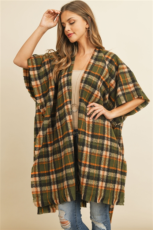 S19-7-5-MS0129OV -KNEE LENGTH TARTAN PLAID KIMONO-OLIVE/6PCS