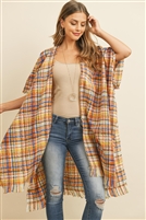 S17-1-2-MS0130OR-KNEE LENGTH TARTAN PLAID FRINGE KIMONO-ORANGE/6PCS