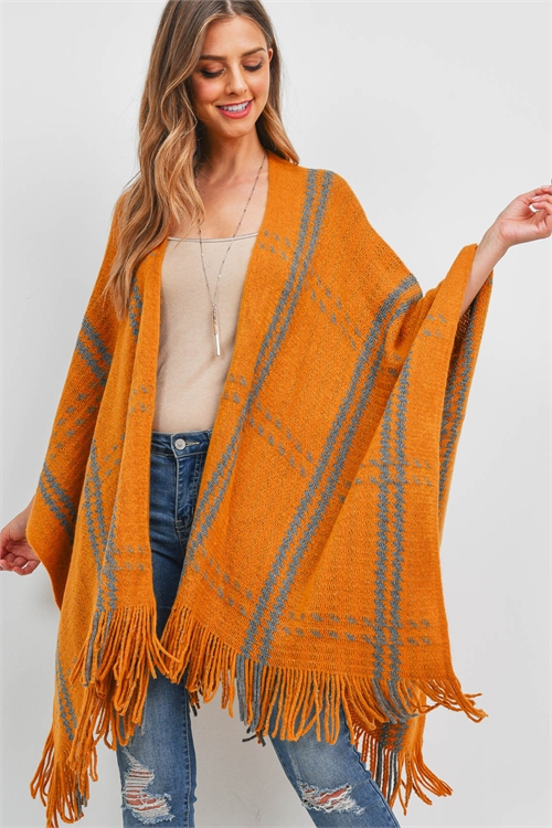 discontinuedS17-2-2-MS0132MU - STRIPED OPEN FRONT FRINGE KIMONO ACRYLIC - MUSTARD/6PCS