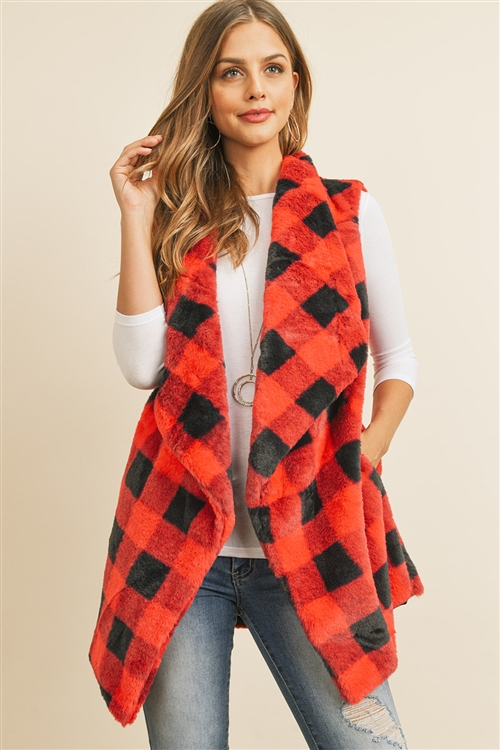 S21-1-3-MS0137RD-BUFFALO PLAID POCKET VEST-RED/6PCS (NOW $10.75 ONLY!)