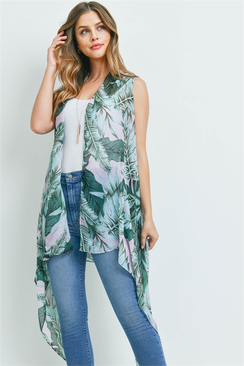 S29-6-4-MS0140PK - TROPICAL LEAVES KIMONO VEST PINK/6PCS