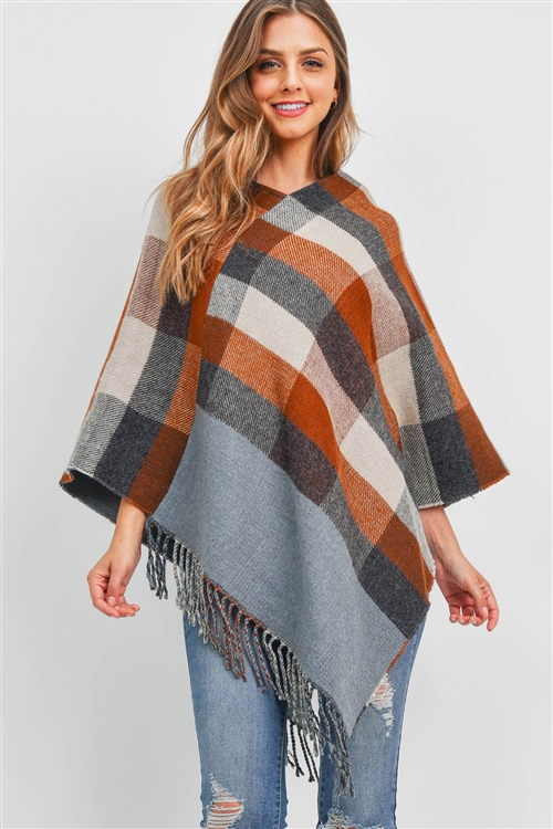 S17-3-3-MS0145BR-GR - MULTI COLOR PLAID PONCHO POLYESTER BROWN GRAY/6PCS