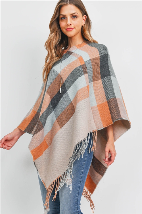 S18-10-1-MS0145OR-BE - MULTI COLOR PLAID PONCHO POLYESTER - ORANGE BEIGE/6PCS