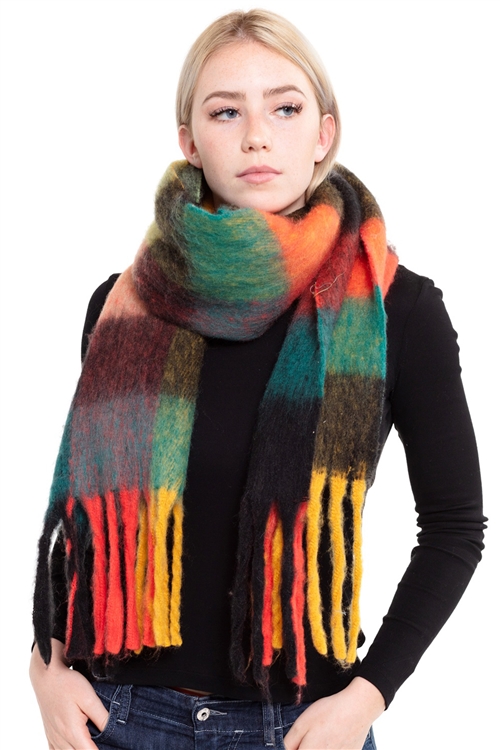 S24-2-5-MS0147NOR-TL - MULTI COLOR PLAID SCARF W/ FRINGE NEON ORANGE TEAL /6PCS