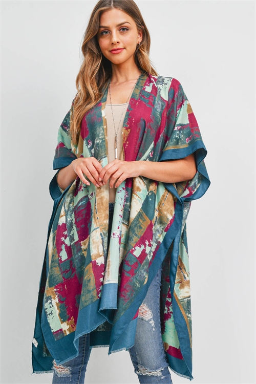 S27-7-3-MS0152TL - ABSTRACT PRINT KIMONO - TEAL/6PCS