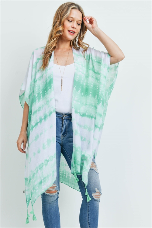 S17-11-1-MS0170GN - TIE DYE DASH TASSEL KIMONO GREEN/6PCS (NOW $5.50 ONLY!)