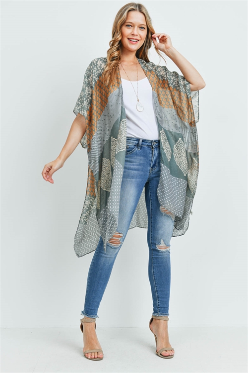 S17-9-1-MS0174OV - MULTI PATTERN BOHEMIAN PRINT KIMONO-OLIVE/6PCS