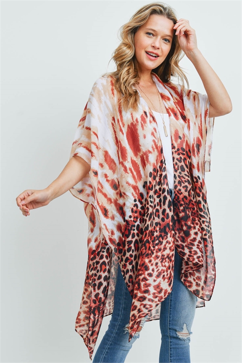 S18-11-1-MS0176BR - LEOPARD TIE DYE KIMONO BROWN/6PCS