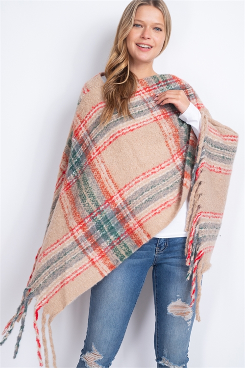 S25-5-5-MS0186BE - MULTI PLAID FRINGE PONCHO-BEIGE/6PCS (NOW $5.75 ONLY!)