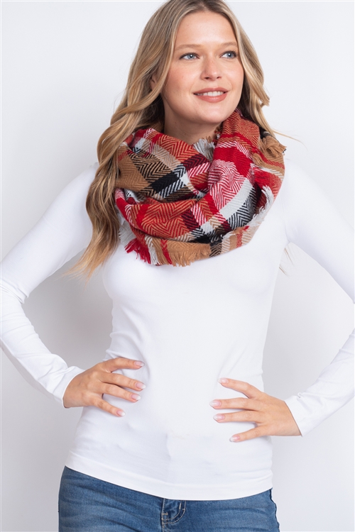 S2-10-3-MS0190TP-RD - MULTI PLAID INFINITY SCARF ACRYLIC TAUPE RED /6PCS
