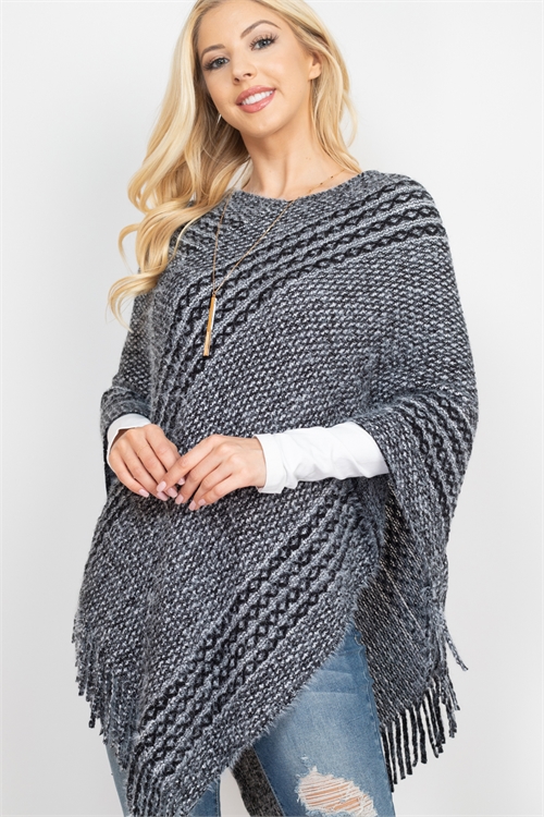 S30-1-1-MI-MS0197BK - STRIPED KNIT TASSEL PONCHO - BLACK/6PCS (NOW $5.25 ONLY!)