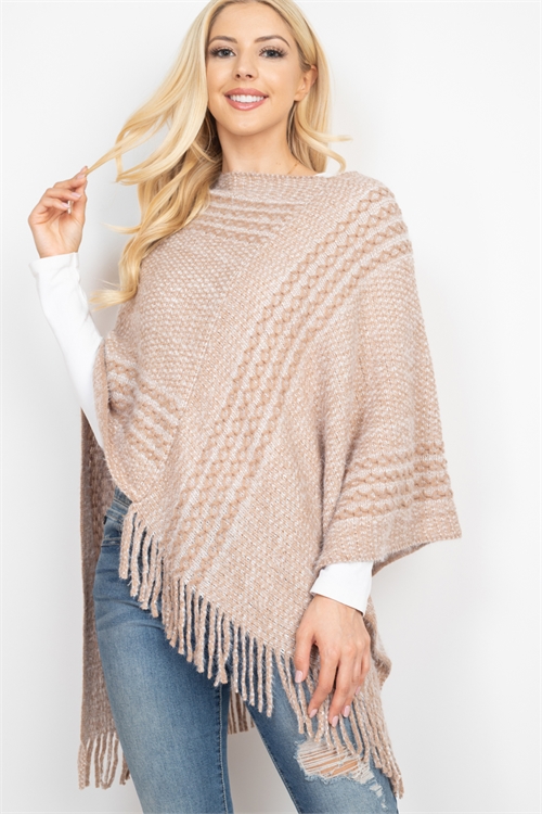 S30-1-1-MI-MS0197TP - STRIPED KNIT TASSEL PONCHO - TAUPE/6PCS (NOW $5.25 ONLY!)
