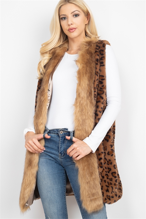 S20-2-1-MS0198BR - LEOPARD FAUX FUR TRIM VEST ONE SIZE POLYESTER BROWN /6PCS