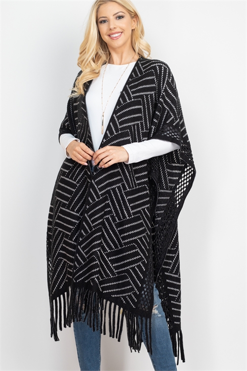 S22-6-5-MS0202BK - HERRINGBONE PATTERN KNIT FRINGE KIMONO  & RUANA BLACK /6PCS (NOW $9.75 ONLY!)