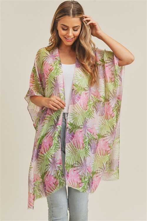 S28-2-2-MI-MS0217PU-PK- HAND DRAWN TROPICAL LEAVES KIMONO - PURPLE/PINK/6PCS