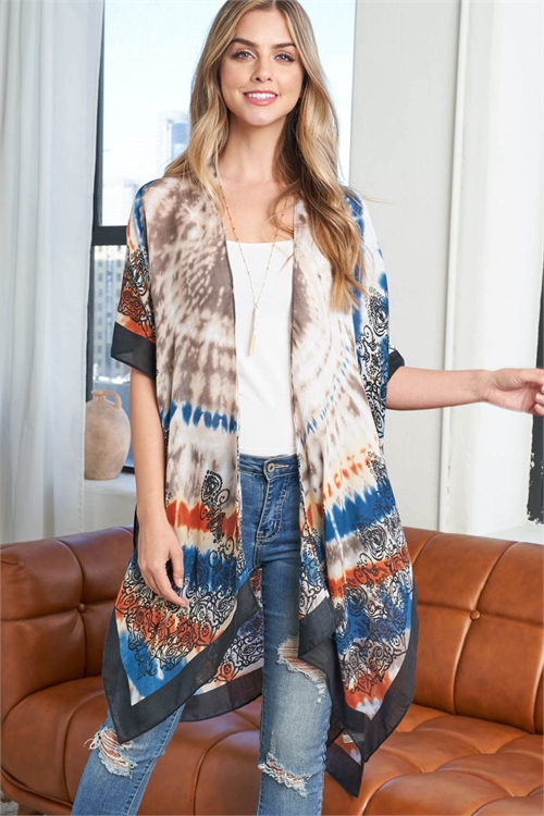S30-1-1-MS0221CL - TIE DYE BOHO OPEN FRONT KIMONO NAVY/CLAY/6PCS