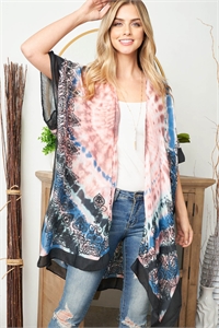 S30-1-1-MS0221PK - TIE DYE BOHO OPEN FRONT KIMONO BLACK/PINK/6PCS