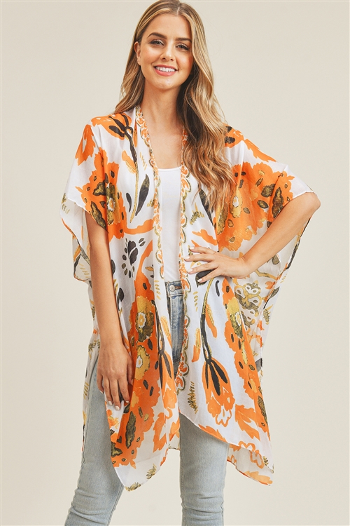 S30-1-1-MI-MS0225OR - BOHEMIAN  FLORAL PRINT OPEN FRONT KIMONO  - ORANGE/6PCS