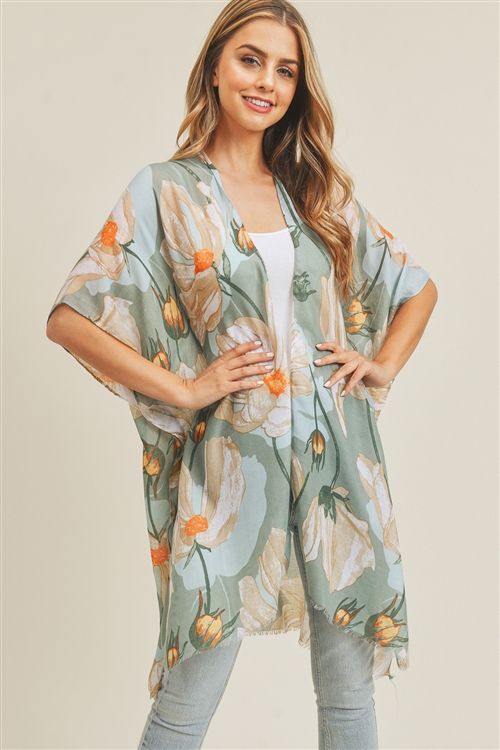 discontinued--S30-1-1-MS0226OV - BIG FLOWER PRINT KIMONO-OLIVE/6PCS