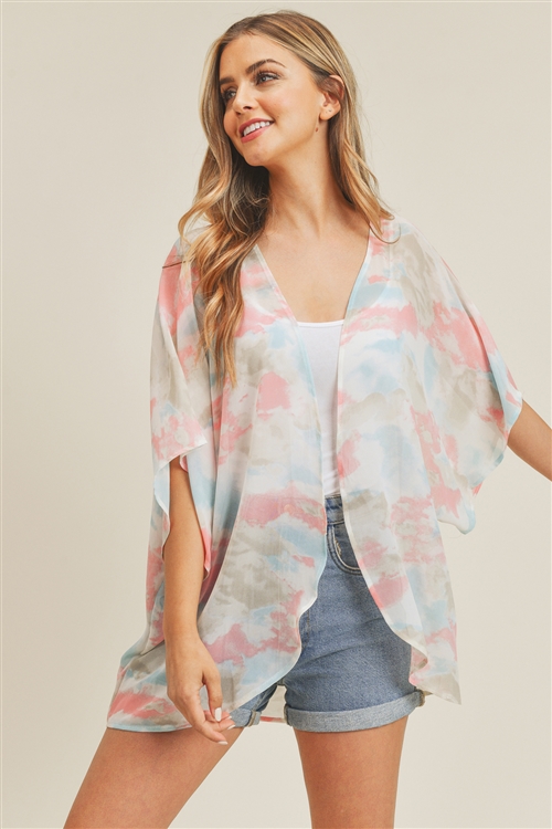 S30-1-1-MS0236CO - TIE DYE  HIP LENGTH KIMONO - CORAL/6PCS