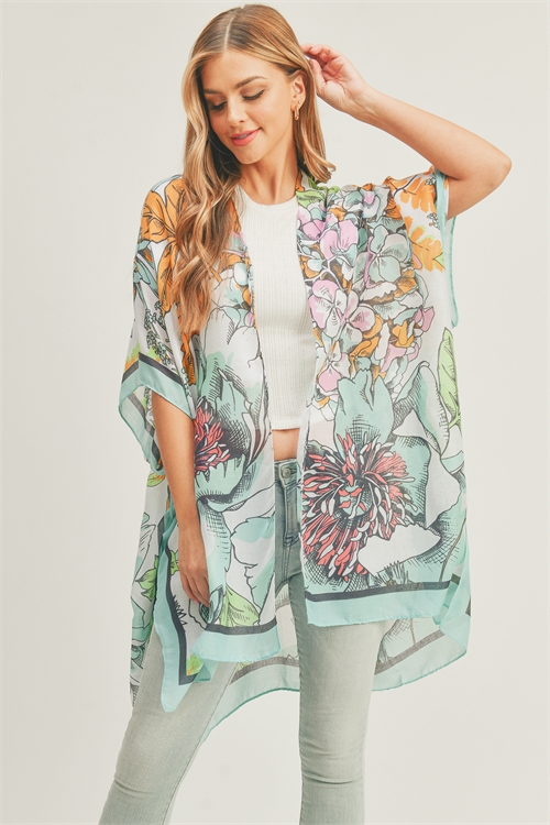 S3-10-4-MS0276TQ - FLORAL PRINT KIMONO-TURQUOISE/6PCS