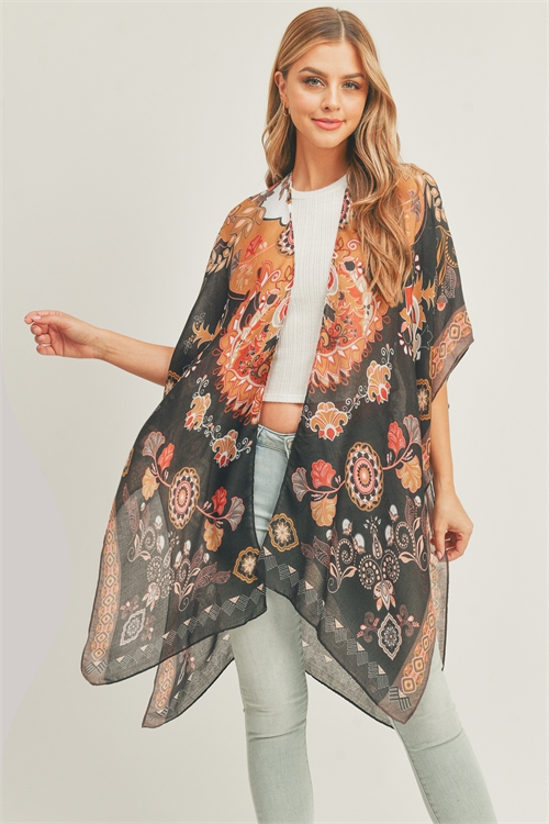 S30-1-1-MS0277BK - BOHO PRINT KIMONO-BLACK/6PCS