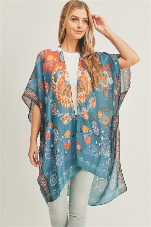 discontinued--S30-1-1-MS0277TL - BOHO PRINT KIMONO-TEAL/6PCS