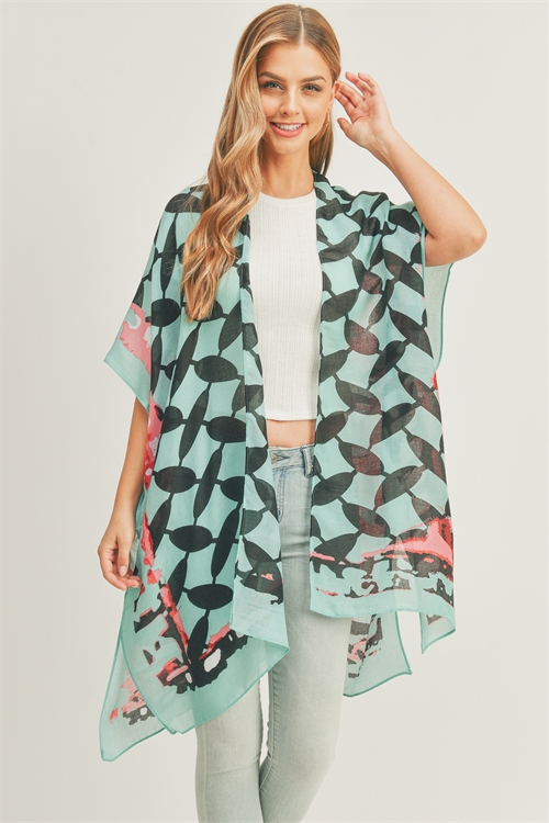 S30-1-1-MS0282TL - OMBRE FRONT AND GEOMETRIC BACK PRINT KIMONO-TEAL /6PCS