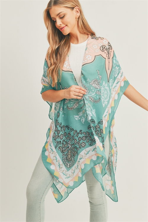 S30-1-1-MS0285TQ - MIXED FLOWER PRINT KIMONO-TURQUOISE/6PCS