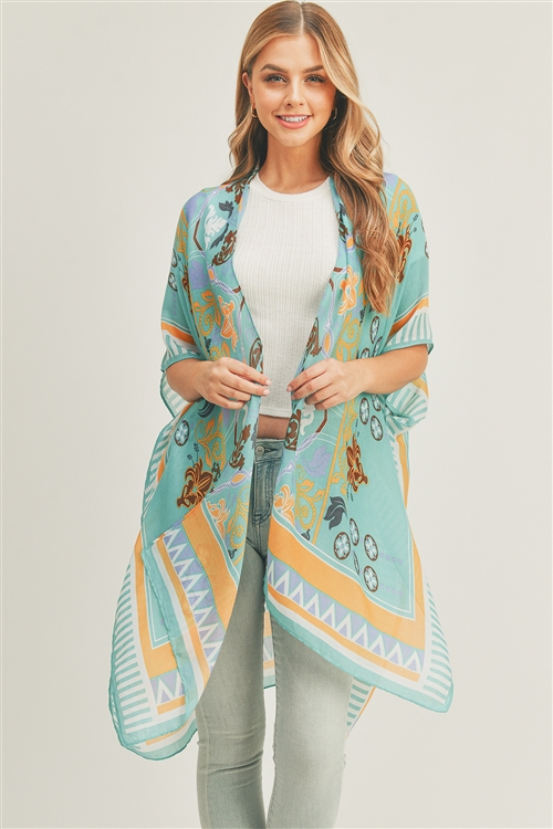 S30-1-1-MS0290TL - BOHO PRINT KIMONO-TEAL/6PCS