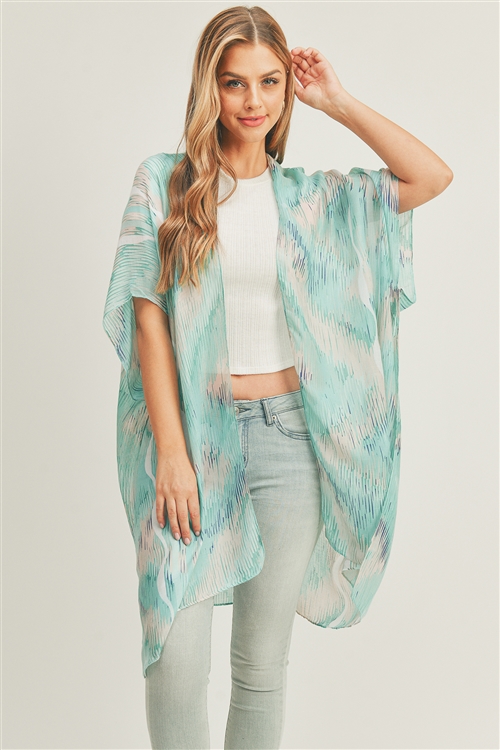 S30-1-1-MS0296TQ - TIE DYE ABSTRACT PRINT KIMONO-TURQUOISE/6PCS