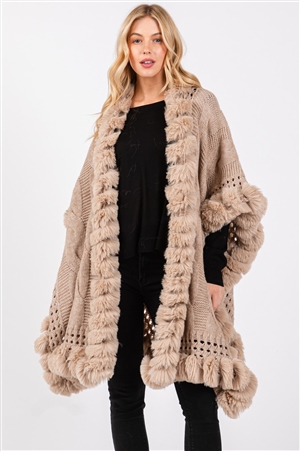 S30-1-1-MS0408 - FAUX FUR COLLAR AND TRIM CAPE WITH CLOSURE-TAUPE/6PCS