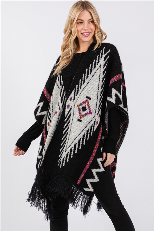 S30-1-1-MS0410 - FUZZY AZTEC PATTERN TASSEL KNIT RUANA/6PCS