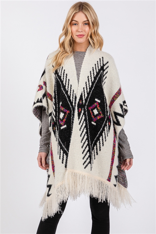 S30-1-1-MS0410 - FUZZY AZTEC PATTERN TASSEL KNIT RUANA/6PCS