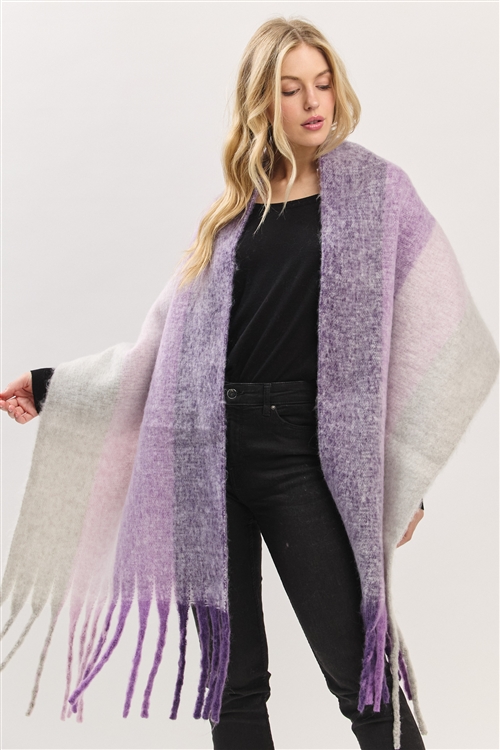 S30-1-1-MI-MS0452PUM-SOLID BRUSHED FRINGED SCARF- PURPLE MULTI/6PCS
