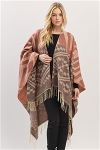 S30-1-1-MI-MS0468BR-AZTEC PATTERN FRINGE RUANA- BROWN/6PCS