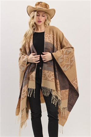 S30-1-1-MI-MS0469TP-AZTEC LEOPARD PATTERN FRINGE RUANA- TAUPE/6PCS
