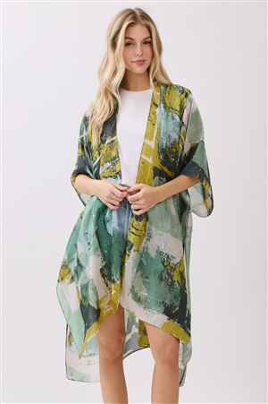 S30-1-1-MS0471GN - ABSTRACT MODERN ART-INSPIRED PRINT SILKY FEEL KIMONO-GREEN/6PCS