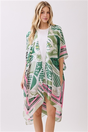 S30-1-1-MS0472GN - ABSTRACT BOTANICAL PRINT SILKY FEEL KIMONO-GREEN/6PCS
